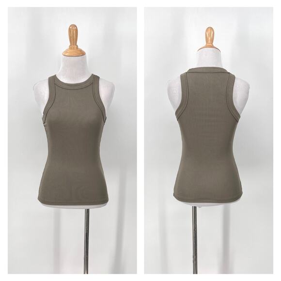 X BY GOTTEX Ribbed Motto Tank Top Womens Medium Olive Green Racerback Stretch - Picture 1 of 13